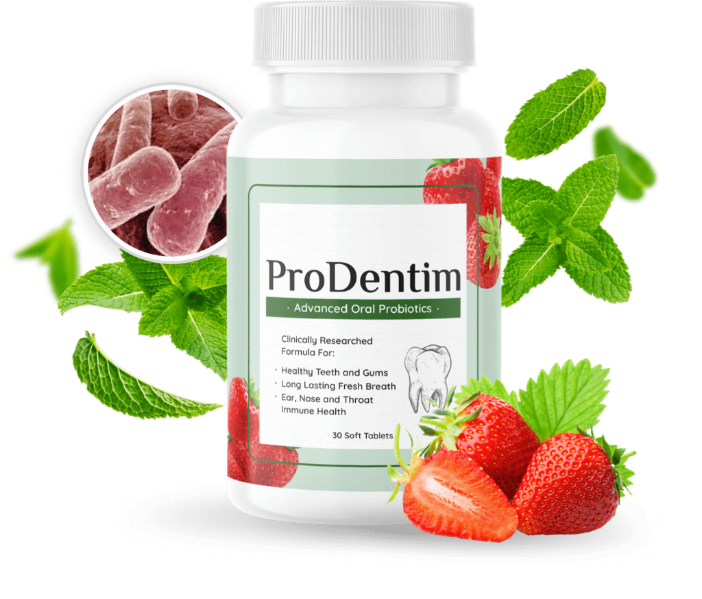 ProDentim Bottle with Strawberries and Mint
